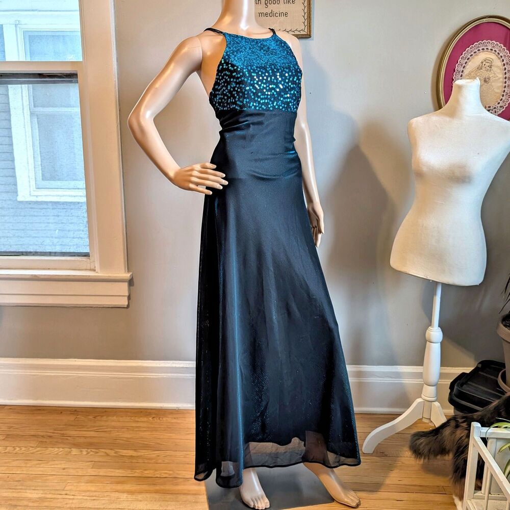 Vintage 1990s Blondie Nites Prom Dress Sequin Iridescent Whimsygoth Blue JRS 5 - Picture 2 of 10